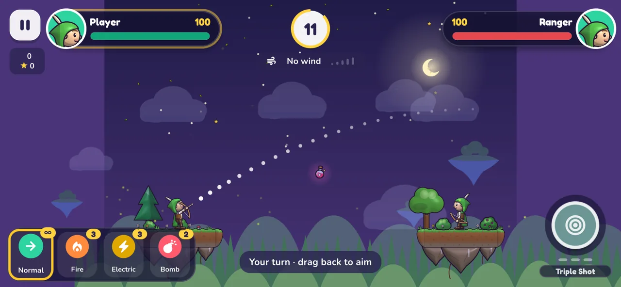 Aiming: the dotted arc shows where the arrow will fly