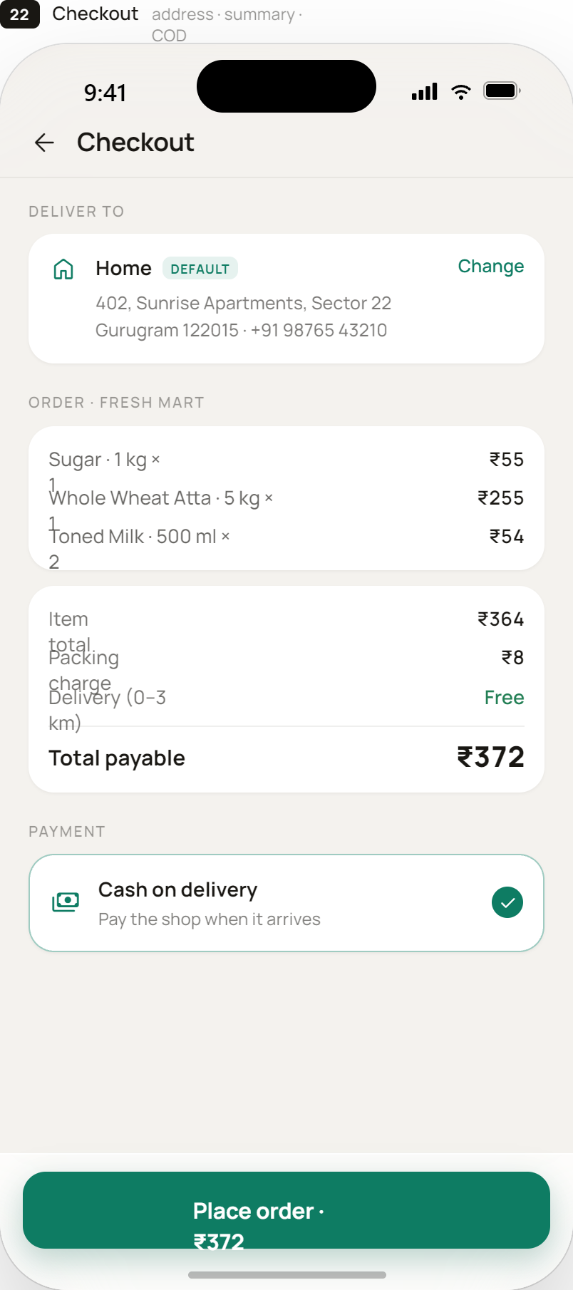 LocalKart checkout — address, summary, COD
