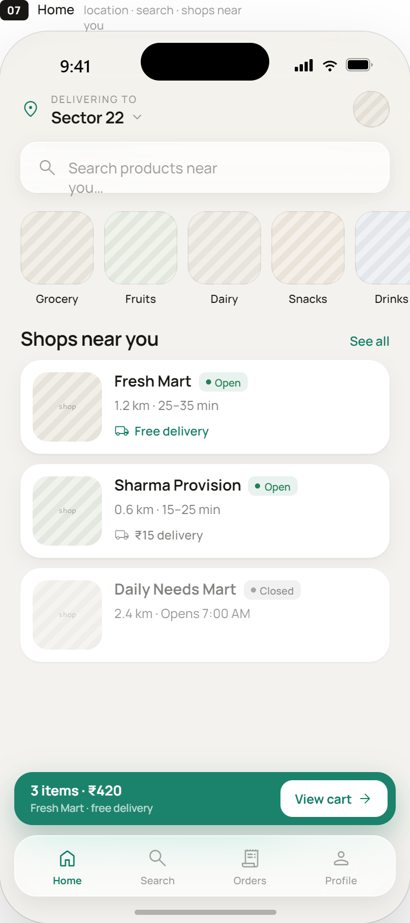 LocalKart customer home — shops near you, ranked by distance and delivery