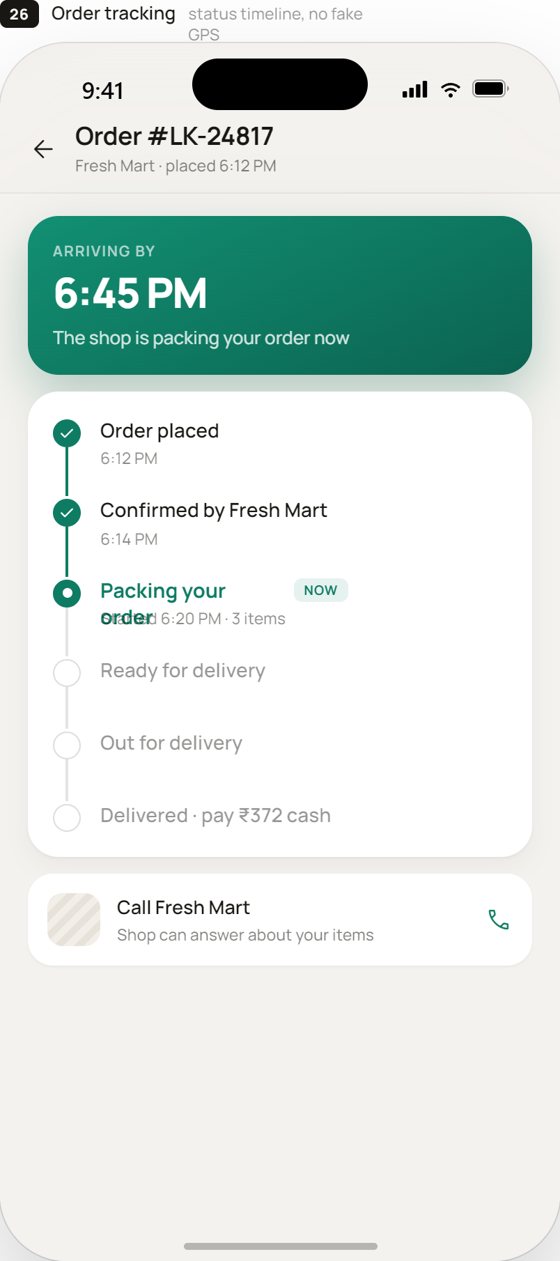 LocalKart live order tracking — arriving-by pill and typed status timeline