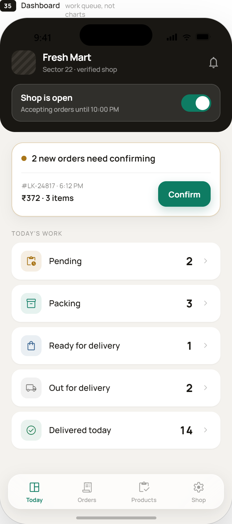 LocalKart shopkeeper Today dashboard