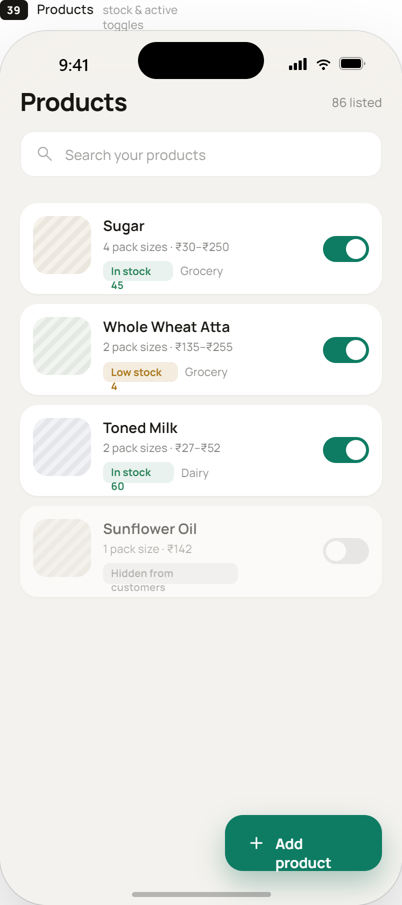 LocalKart shopkeeper products with stock toggles