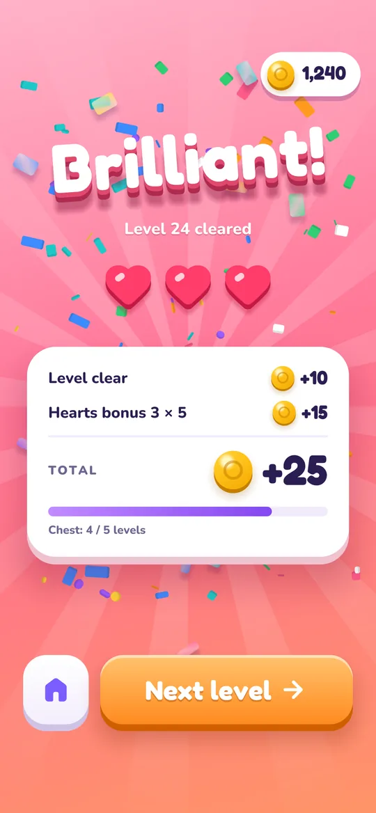 Level complete screen with coins